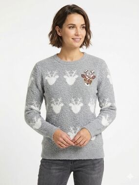 Women's Grey Reindeer Crewneck Sweater - Festive Knit